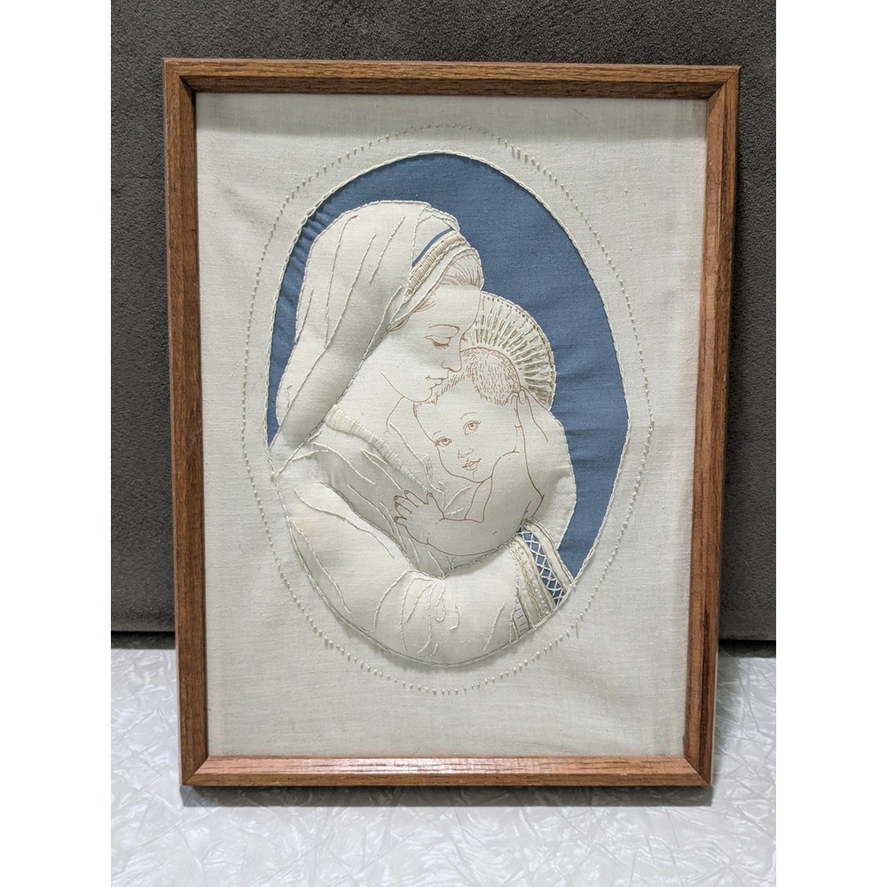 Vintage 80s Creative Circle Mother & Child‎ Mary and Jesus Framed Textile Art